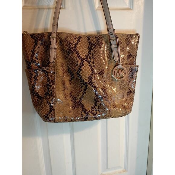 Michael Kors Marigold Python Tote Bag Brown Black Gold Charm Side Pockets Zip... - Picture 1 of 11